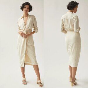 Anthropologie Cream Knot-Front Midi Shirt Dress